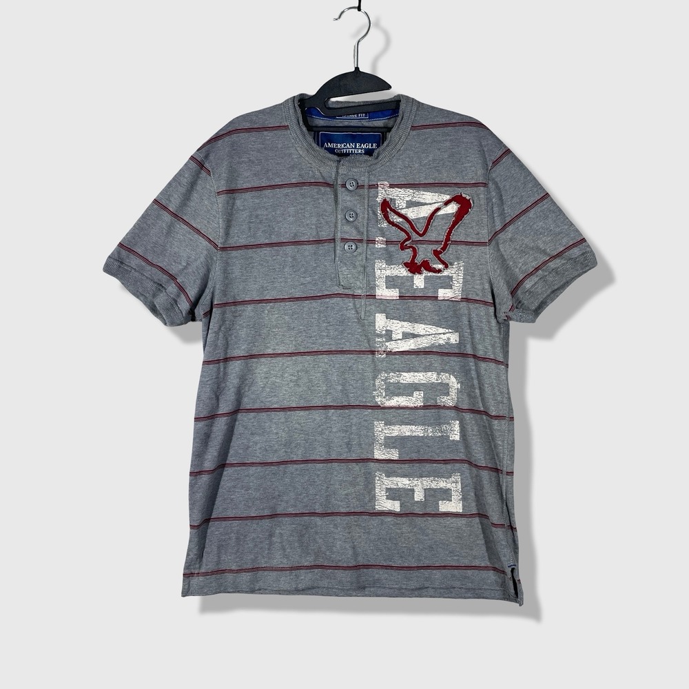 American Eagle Henley Shirt Mens Large Gray Striped Y2K Skater Skater Grunge